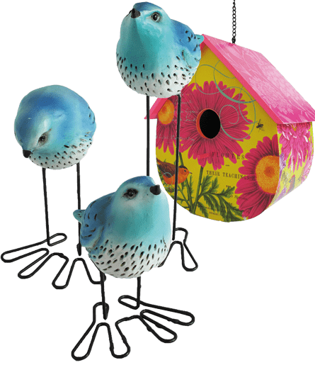 About Us birds and bird house gift from Plymouth Wreath Factory retail store